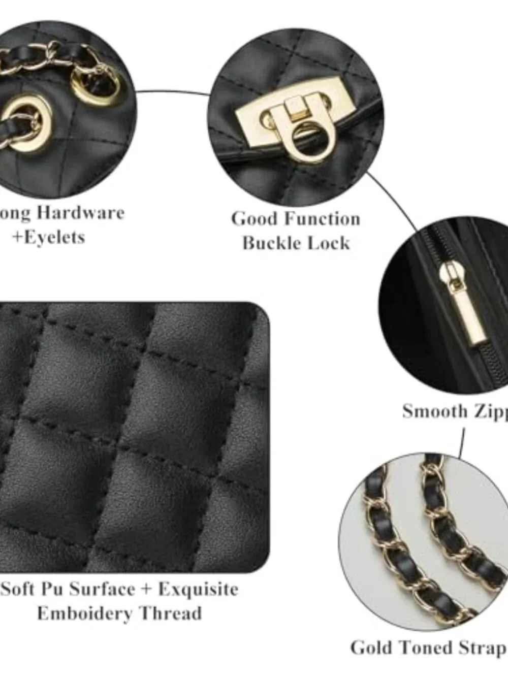 Quilted Vegan Leather Crossbody Bag with Chain Strap, Small Shoulder Purse